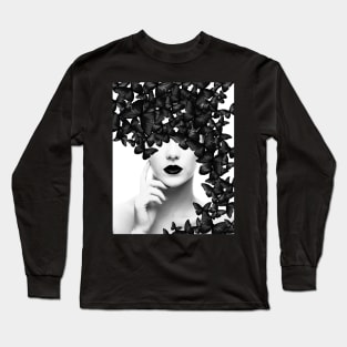 Woman, Girl, Butterflies, Lips print, Fashion art, Fashion print, Scandinavian art, Modern art, Wall art, Print, Minimalistic, Modern Long Sleeve T-Shirt